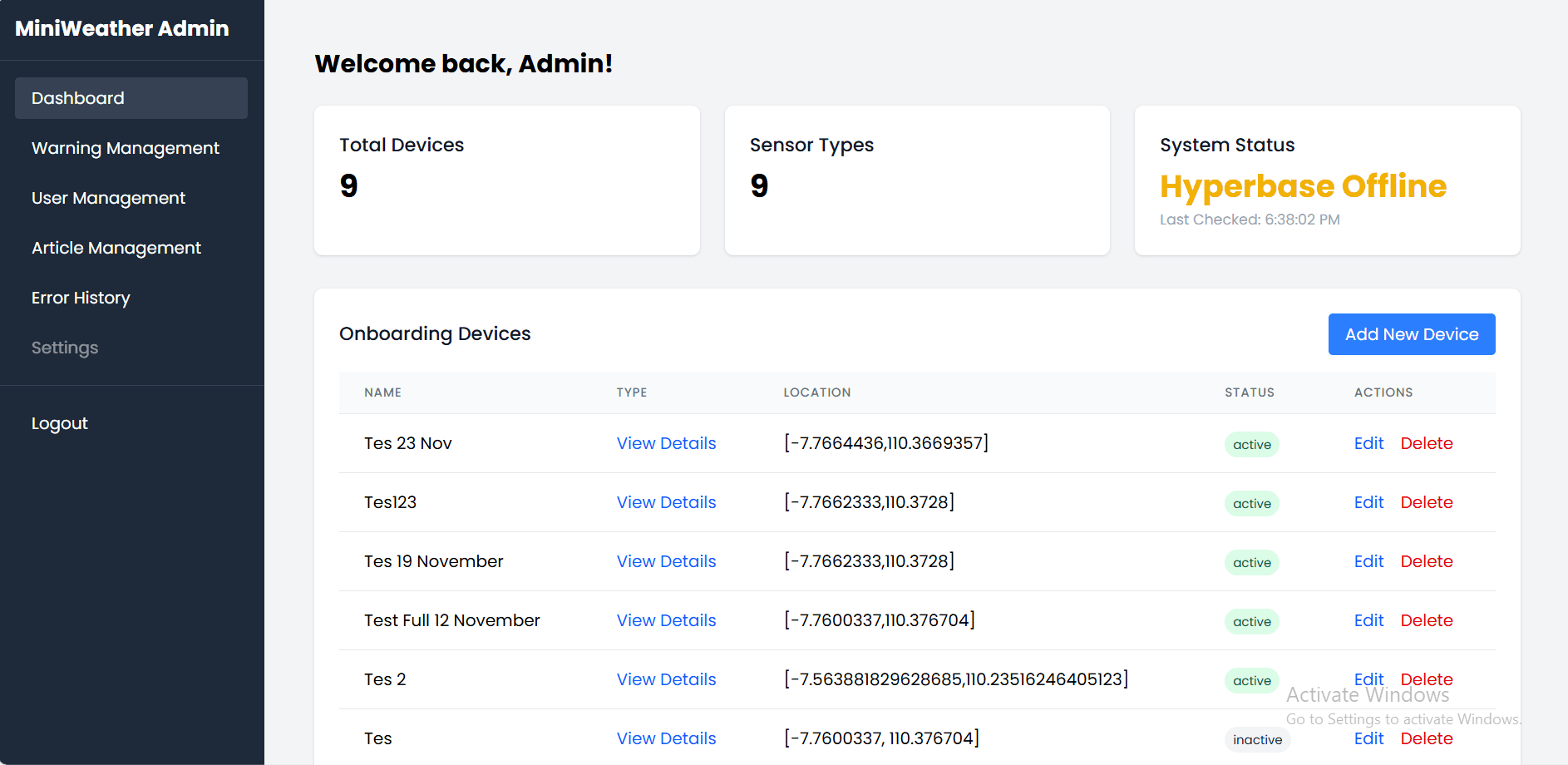 MiniWeather station dashboard view